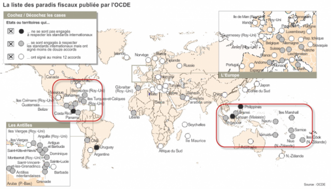 La liste des paradis fiscaux selon l'OCDE en 2009 © DR La liste des paradis fiscaux selon l'OCDE en 2009 © DR